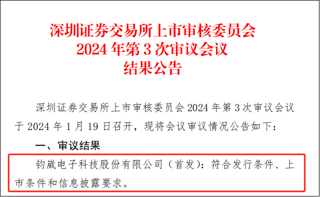 集团子公司国弘公司投资企业钧崴电子创业板IPO成功过会